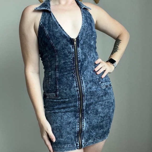 Y2K Zip Front Denim Mini Dress Size Medium - Picture 1 of 12